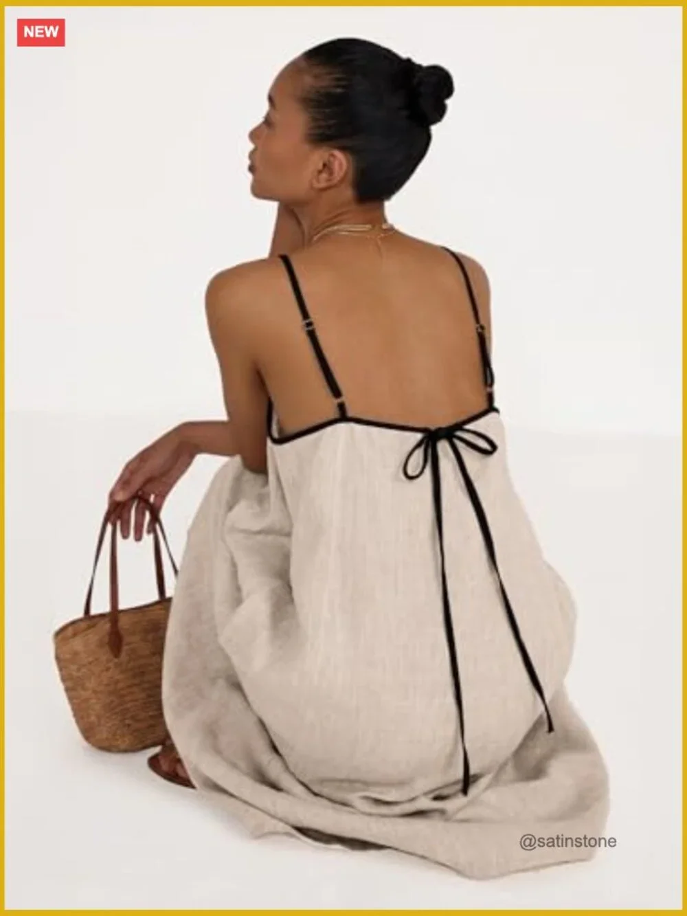 Linen Blend Maxi Dress with Pockets - Backless Spaghetti Strap - Picture 2 of 6